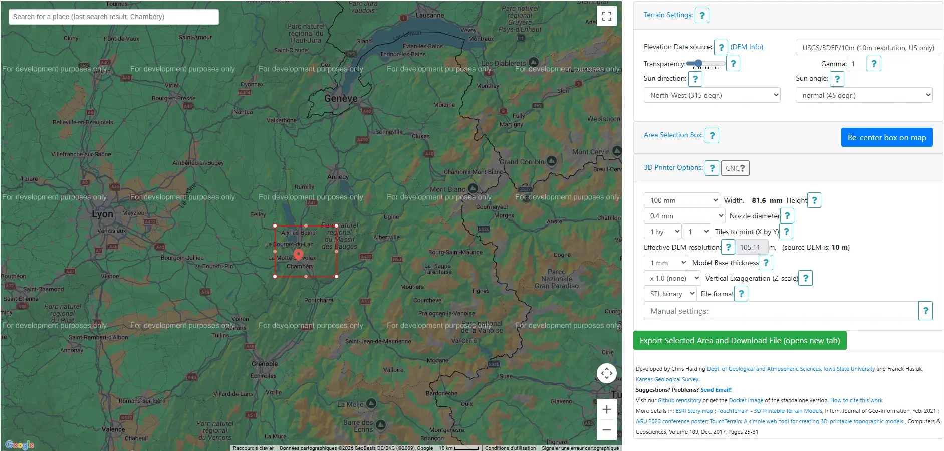 Site web générer un fichier STL carte topographique
